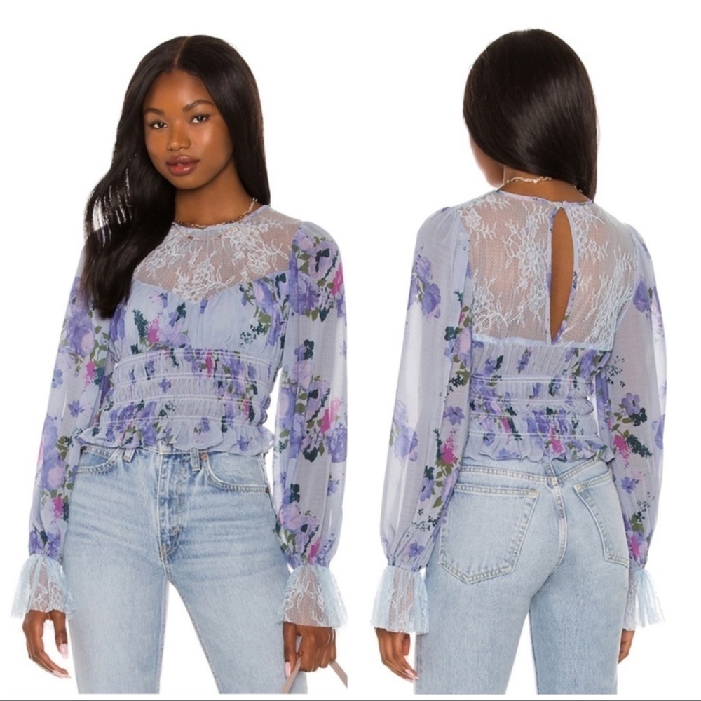 Free People Lavender Floral Lace Yoke Peasant Blouse